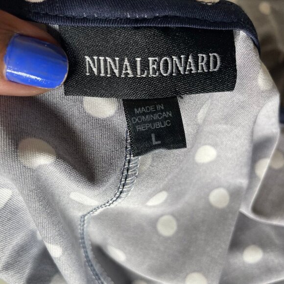 Nina Leonard Blue White Polka Dot High-Low Trapeze 3/4 Sleeve Dress w/pockets L - Picture 9 of 10